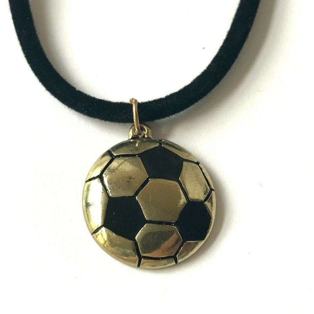 Gold Soccer Ball Charm Necklace Pendant Black Cord Leather 18" Sports Mom Plated